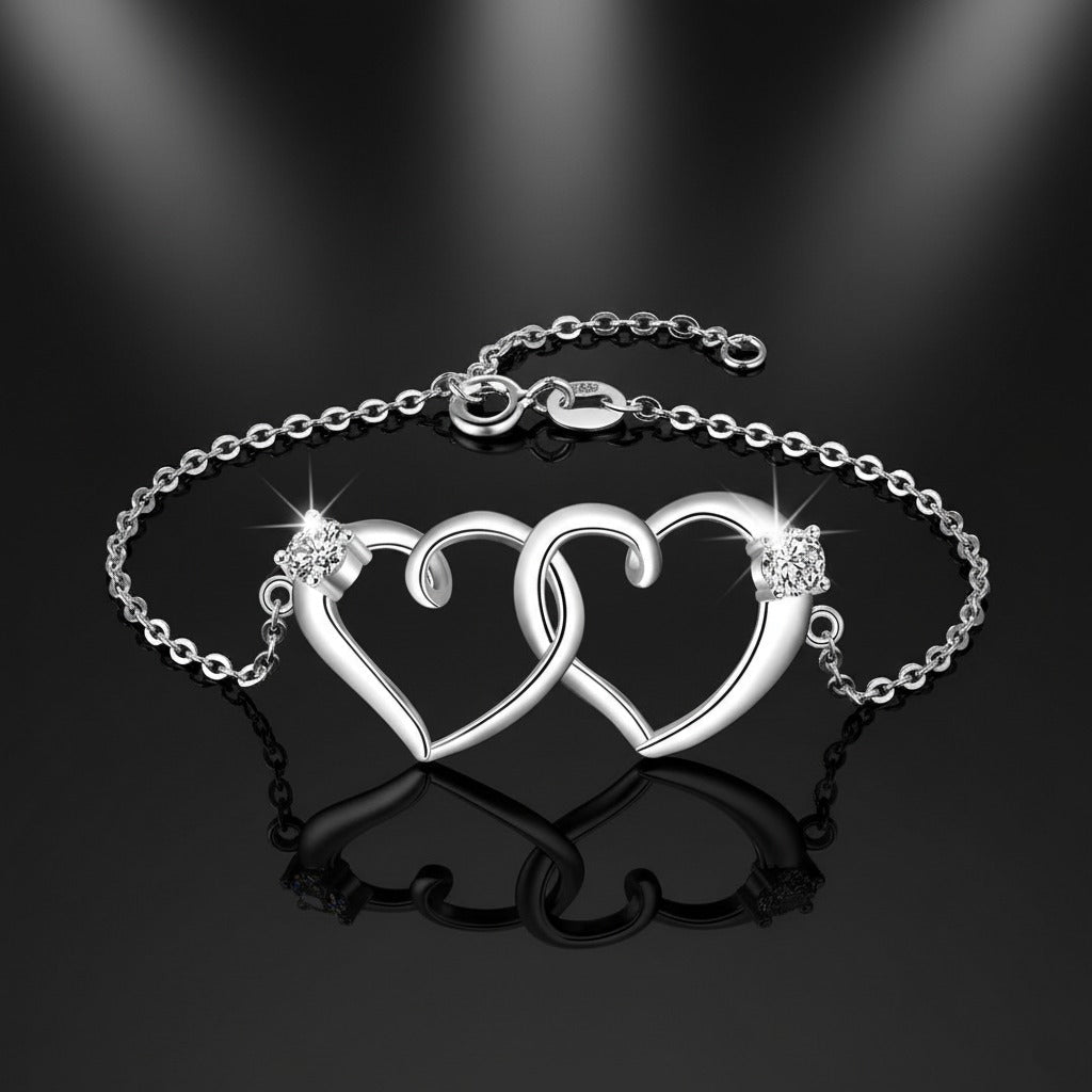 925 Sterling Silver Zirconia Intertwined Heart Chain Bracelet