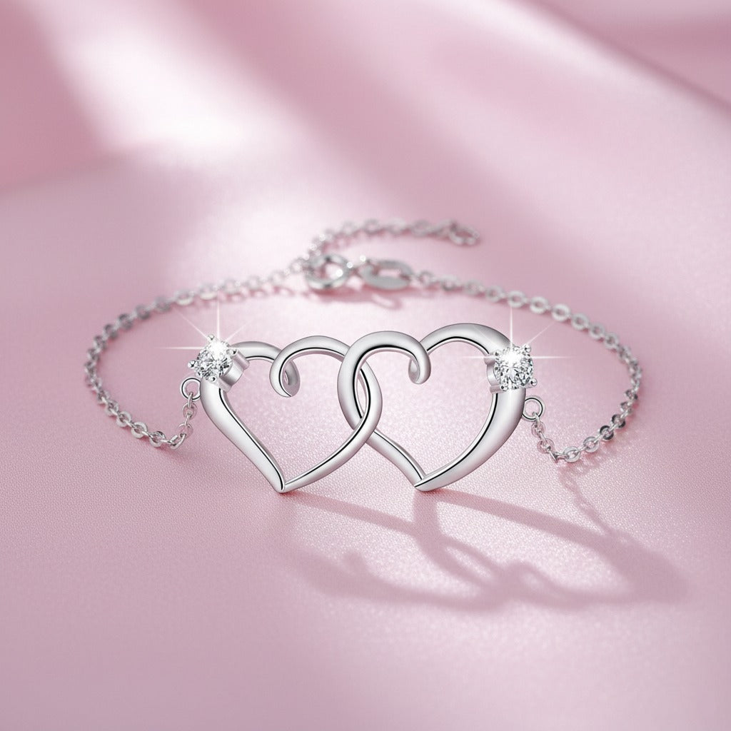 925 Sterling Silver Zirconia Intertwined Heart Chain Bracelet