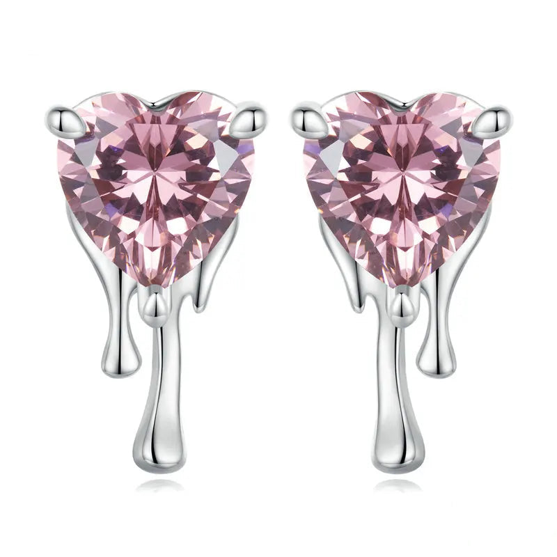 925 Sterling Silver Pink Crystal Zircon Melting Heart Stud Earrings