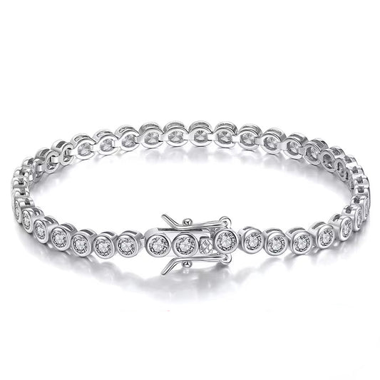 Silver bracelet with clear gemstones on a white background