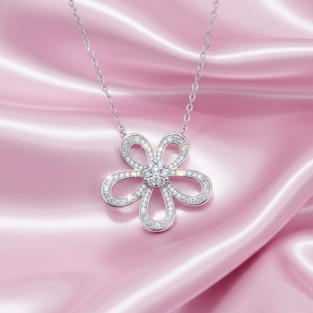 Silver flower-shaped pendant necklace on a pink satin background