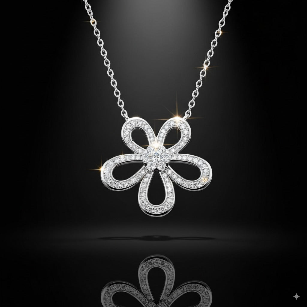 Silver flower-shaped pendant necklace on a black background