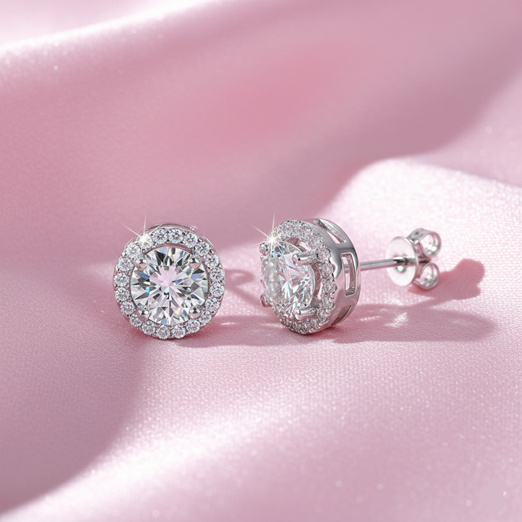 Pair of silver earrings with clear gemstones on a pink fabric background