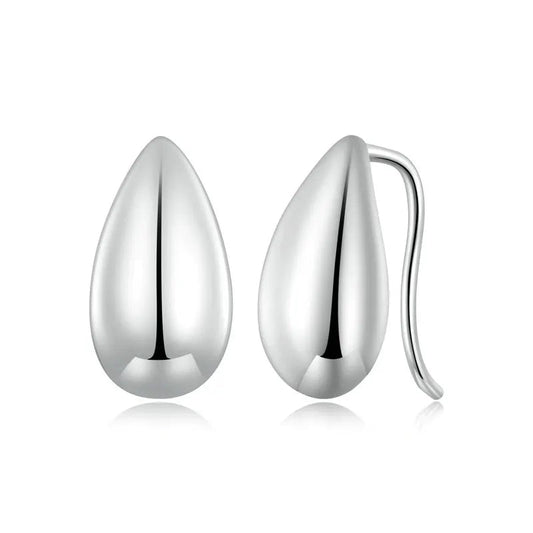 A pair of 925 sterling silver water drop earrings with a reflective surface.