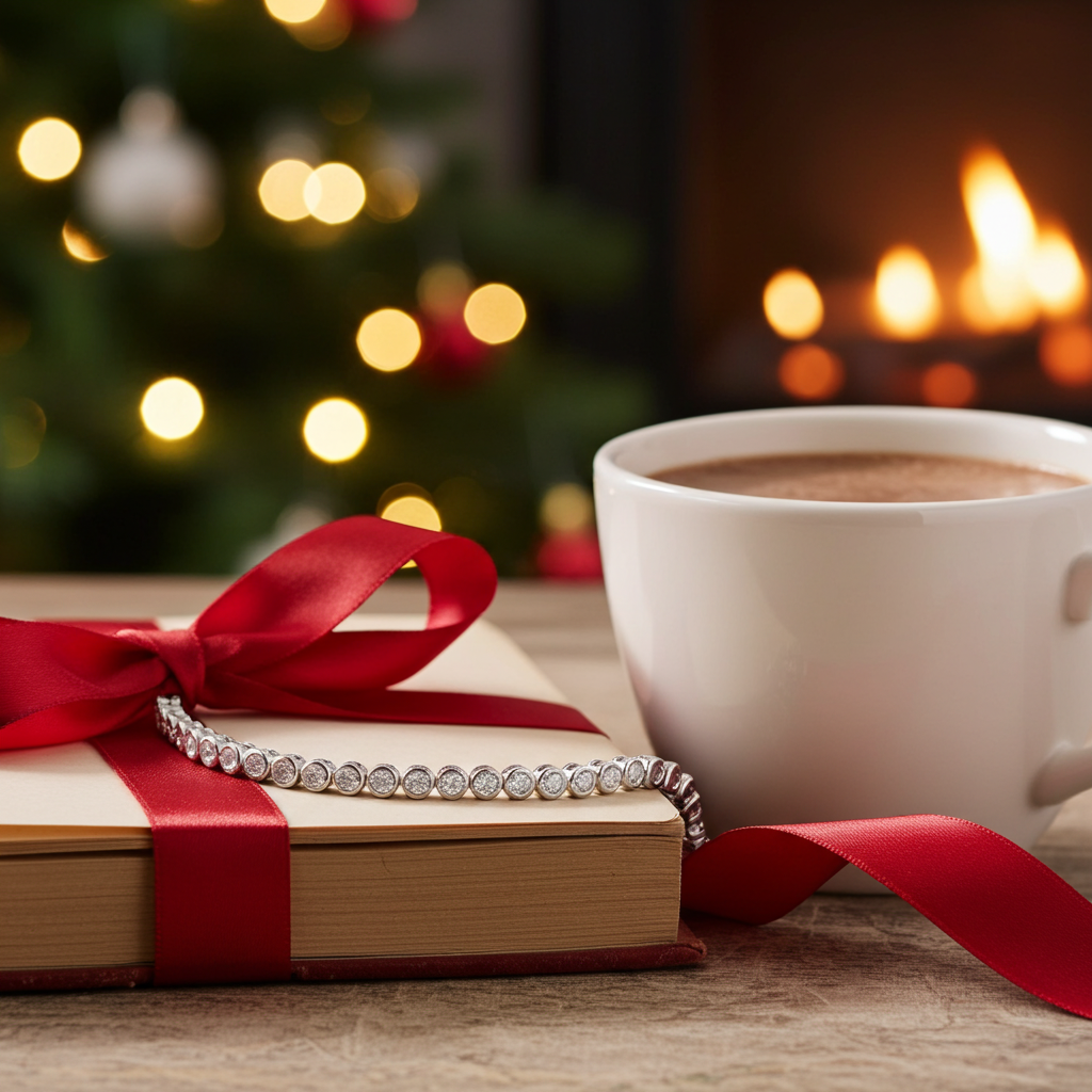 White mug with a hot beverage, wrapped book with red ribbon, and bracelet on a wooden surface with Christmas tree and fireplace in the background.