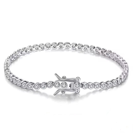 Silver bracelet with clear gemstones on a white background